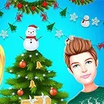 Két mosolygó rajzfilmfigura karácsonyfával és hóemberes dekorációval díszített háttér előtt