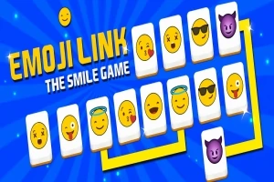 Kék háttér előtt emoji arcok láthatók fehér kártyákon, sárga vonalakkal összekötve, a bal felső sarokban EMOJI LINK felirattal