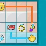 Táblázat emoji szimbólumokkal, köztük puszit küldő emoji, tűzoltóautó, gyémántgyűrű, kéz telefonnal, gyémánt és láng ikonok, színes vonalakkal összekötve