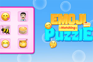 Színes háttér egy lila keretben elhelyezett hangulatjelekkel és az Emoji Matching Puzzle felirattal