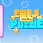 Színes háttér egy lila keretben elhelyezett hangulatjelekkel és az Emoji Matching Puzzle felirattal
