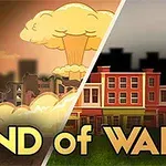 Két részre osztott kép, baloldalon atomrobbanás, romokkal, jobboldalon épületek és tiszta ég, a középpontban az END of WAR felirat