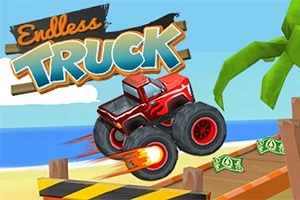 Egy piros monster truck nagy kerekekkel ugrat egy parti akadálypályán, háttérben pálmafával és tengerrel