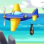 Kék és sárga repülőgép repül a tenger felett, miközben egy bombát ejt; háttérben egy helikopter látható az égbolton