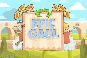 Két rajzfilmfigura áll egy nagy, tölcsérekkel díszített táblával, amelyen a EPIC GAUL felirat olvasható, háttérben egy római épület