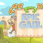 Két rajzfilmfigura áll egy nagy, tölcsérekkel díszített táblával, amelyen a EPIC GAUL felirat olvasható, háttérben egy római épület