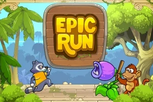 Egy rajzfilmszerű jelenet, ahol egy mosómedve fut egy lila húsevő növény és egy barna majom között, háttérben dzsungel motívumokkal és „Epic Run” feliratú tábla