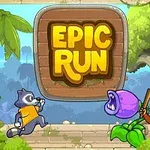 Egy rajzfilmszerű jelenet, ahol egy mosómedve fut egy lila húsevő növény és egy barna majom között, háttérben dzsungel motívumokkal és „Epic Run” feliratú tábla