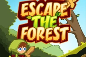 Egy rajzfilmszerű figura és egy erdő jelenik meg nagy szöveggel, amely az Escape the Forest kifejezést ábrázolja