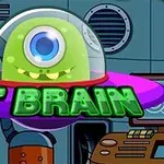 Egy szemű zöld űrlény rózsaszín UFO-ban, háttérben laboratóriumi berendezések és a ET BRAIN felirat