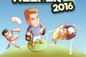 Rajzolt futballista karakterek rajzfilmes stílusban, ahol egy kapus nagy kesztyűvel áll a kapuban és két másik játékos vicces pózokban mozog a pályán, a háttérben pedig az égbolt látható