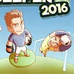 Rajzolt futballista karakterek rajzfilmes stílusban, ahol egy kapus nagy kesztyűvel áll a kapuban és két másik játékos vicces pózokban mozog a pályán, a háttérben pedig az égbolt látható
