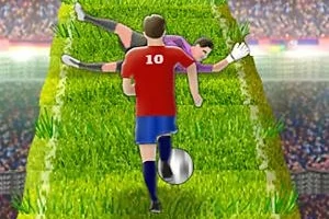 Focipályán egy piros mezben lévő játékos labdát vezet a kapus felé