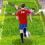 Focipályán egy piros mezben lévő játékos labdát vezet a kapus felé