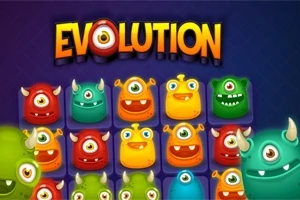 Színes, egyszemű szörnyek sorokban és oszlopokban rendezve, egy EVOLUTION felirat alatt