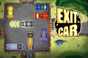 Az autók egy parkolóból próbálnak kijutni különböző színekben és irányokba fordulva, a háttérben növényzettel és EXIT CAR felirattal