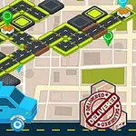 Kék furgon halad egy stilizált város térképén, piros és zöld helyjelzőkkel, valamint „Delivered” pecséttel