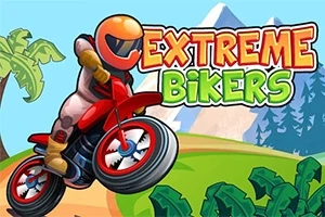 Motoros bukósisakban motorozik zöld tájban, háttérben hegyekkel, mellette Extreme Bikers felirat