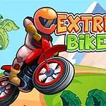 Motoros bukósisakban motorozik zöld tájban, háttérben hegyekkel, mellette Extreme Bikers felirat