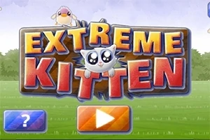 Rajzolt címfelirat „Extreme Kitten” nagy betűkkel, egy cica és madár figura társaságában, zöld füves háttér előtt