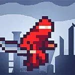 Egy vörös pixeles ninja karakter ugrik egy sötét városi háttér előtt