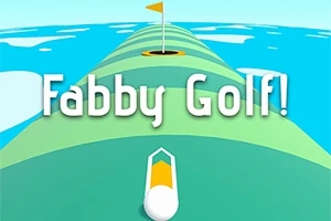 Háromdimenziós, stilizált golfpálya, középen egy fehér golyóval és a lyuk felett sárga zászlóval, rajta a Fabby Golf!