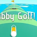 Háromdimenziós, stilizált golfpálya, középen egy fehér golyóval és a lyuk felett sárga zászlóval, rajta a Fabby Golf!