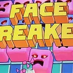 Színes, kocka alakú, arcot formáló karakterek piros szemekkel egy árnyékolt FACE BREAKER felirat mögött