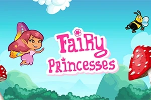Tündér rózsaszín ruhában repül a levegőben, mellette egy méhecske, a háttérben kék ég és gombák láthatók, középen a Fairy Princesses felirat