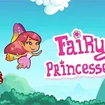Tündér rózsaszín ruhában repül a levegőben, mellette egy méhecske, a háttérben kék ég és gombák láthatók, középen a Fairy Princesses felirat