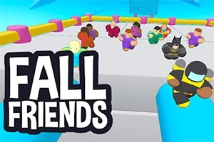 Színes, jelmezes figurák futnak egy akadálypályán élénk, kék háttér előtt, nagy FALL FRIENDS felirattal a bal oldalon