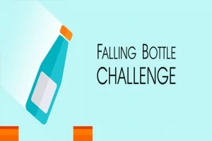 Egy kék palack narancssárga kupakkal lebeg a levegőben, mellette a Falling Bottle Challenge felirat látható világoskék háttéren