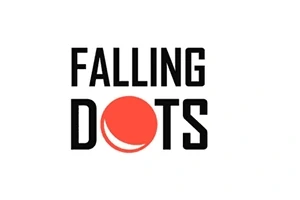 A FALLING DOTS felirat fekete betűkkel, középen egy piros ponttal díszítve