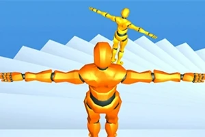 Két narancssárga robot figura tárt karokkal áll egy lépcsősor tetején kék háttér előtt