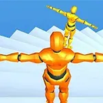 Két narancssárga robot figura tárt karokkal áll egy lépcsősor tetején kék háttér előtt