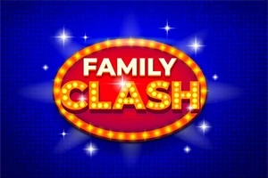 Piros ovális alakú táblán Family Clash felirat látható, körülötte világító fényekkel sötétkék háttér előtt