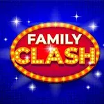 Piros ovális alakú táblán Family Clash felirat látható, körülötte világító fényekkel sötétkék háttér előtt
