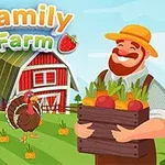 Egy rajzfilm stílusú gazda nevetve tart egy zöldségekkel teli ládát egy mezőn, ahol egy piros tetős csűr, pulyka és liba látható, a háttérben pedig Family Farm felirat színes betűkkel