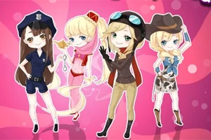 Négy chibi stílusú karakter látható különféle jelmezekben egy rózsaszín háttér előtt: rendőr, hercegnő, pilóta és cowboy