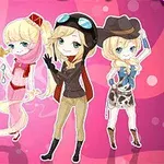 Négy chibi stílusú karakter látható különféle jelmezekben egy rózsaszín háttér előtt: rendőr, hercegnő, pilóta és cowboy