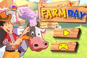 Rajzolt kép egy gazdáról, aki egy tehén mellett áll, miközben a háttérben színes farm épületek láthatók és Farm Day felirat olvasható