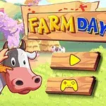 Rajzolt kép egy gazdáról, aki egy tehén mellett áll, miközben a háttérben színes farm épületek láthatók és Farm Day felirat olvasható