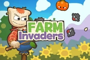 Madárijesztő és repülő tök a virágoskert felett, Farm Invaders felirattal