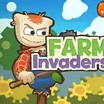 Madárijesztő és repülő tök a virágoskert felett, Farm Invaders felirattal