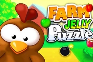 Rajzfilmszerű csirke és a Farm Jelly Puzzle felirat színes háttérrel