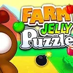 Rajzfilmszerű csirke és a Farm Jelly Puzzle felirat színes háttérrel