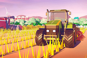 Rajzfilmszerű traktor egy sárga búzamezőn háttérben szélmalmokkal és silókkal