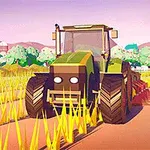 Rajzfilmszerű traktor egy sárga búzamezőn háttérben szélmalmokkal és silókkal