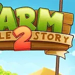 Rajzolt farm témájú logó, zöld Farm, piros 2 és barna Puzzle Story szöveggel fa táblán, kék éggel a háttérben