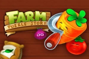 Rajzolt zöldségfigurák, köztük egy mosolygós sárgarépa, lila hagyma és paradicsom, fa háttér előtt, Farm Puzzle Story szöveggel